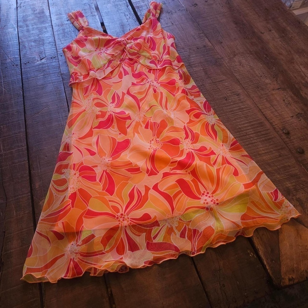 Y2K Early 2000s Orange & Pink Floral Print Dress Ruffle Summer Sun Dress Vintage - Picture 2 of 8